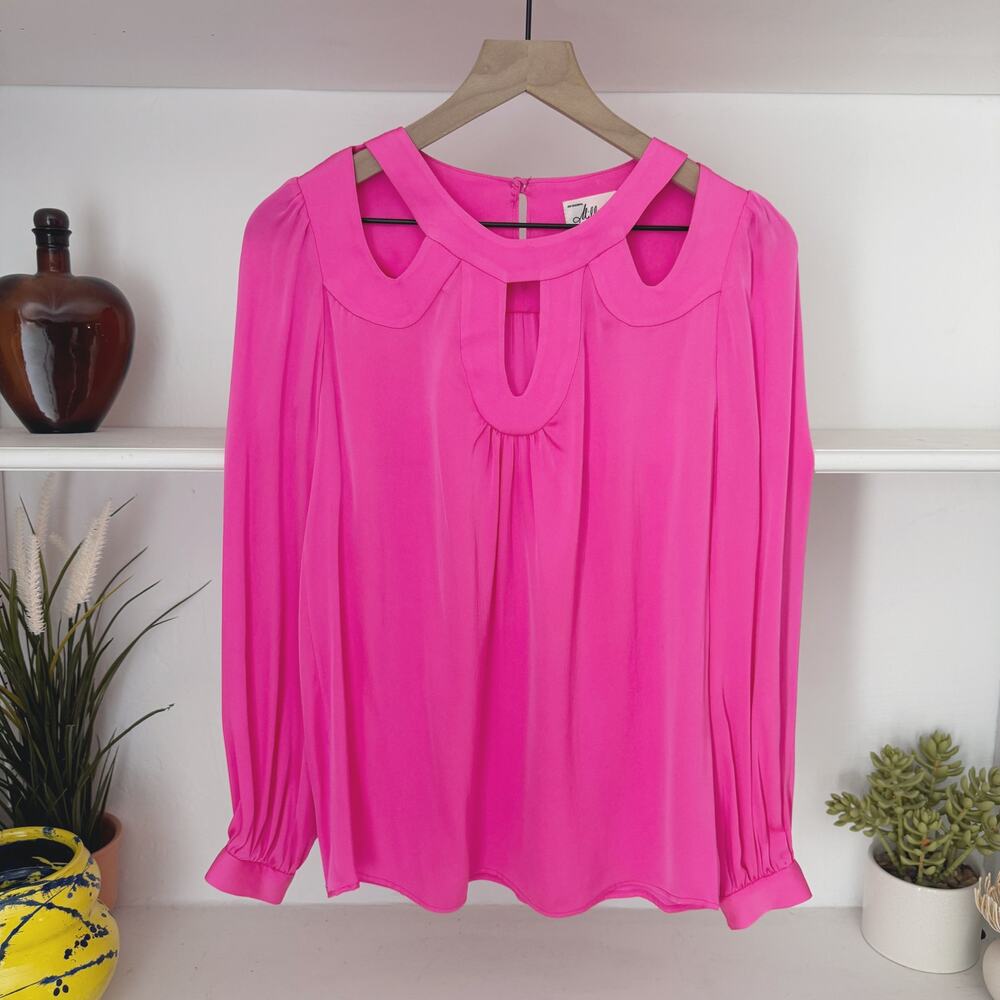 Milly Hot Pink 100% Silk Cut Out Neck Detail Blouse Size 2